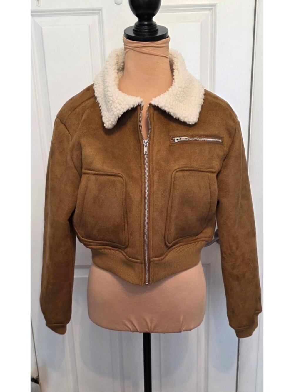 Y2K Cropped Aviator Jacket • Faux Suede & Sherpa Bomber • Tan • Small